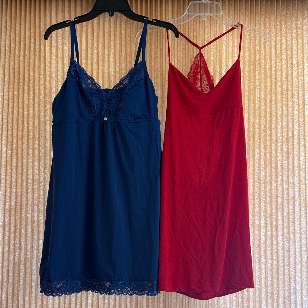 Victorias Secret Red and Navy Lace-Trim Slip Dresses - Women's Intimates